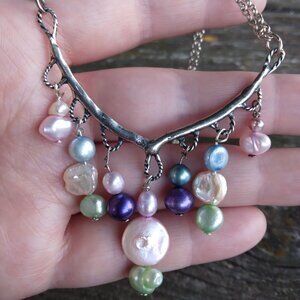 Handmade Sterling Silver Necklace w/ Multi-colored Genuine Freshwater Pearls